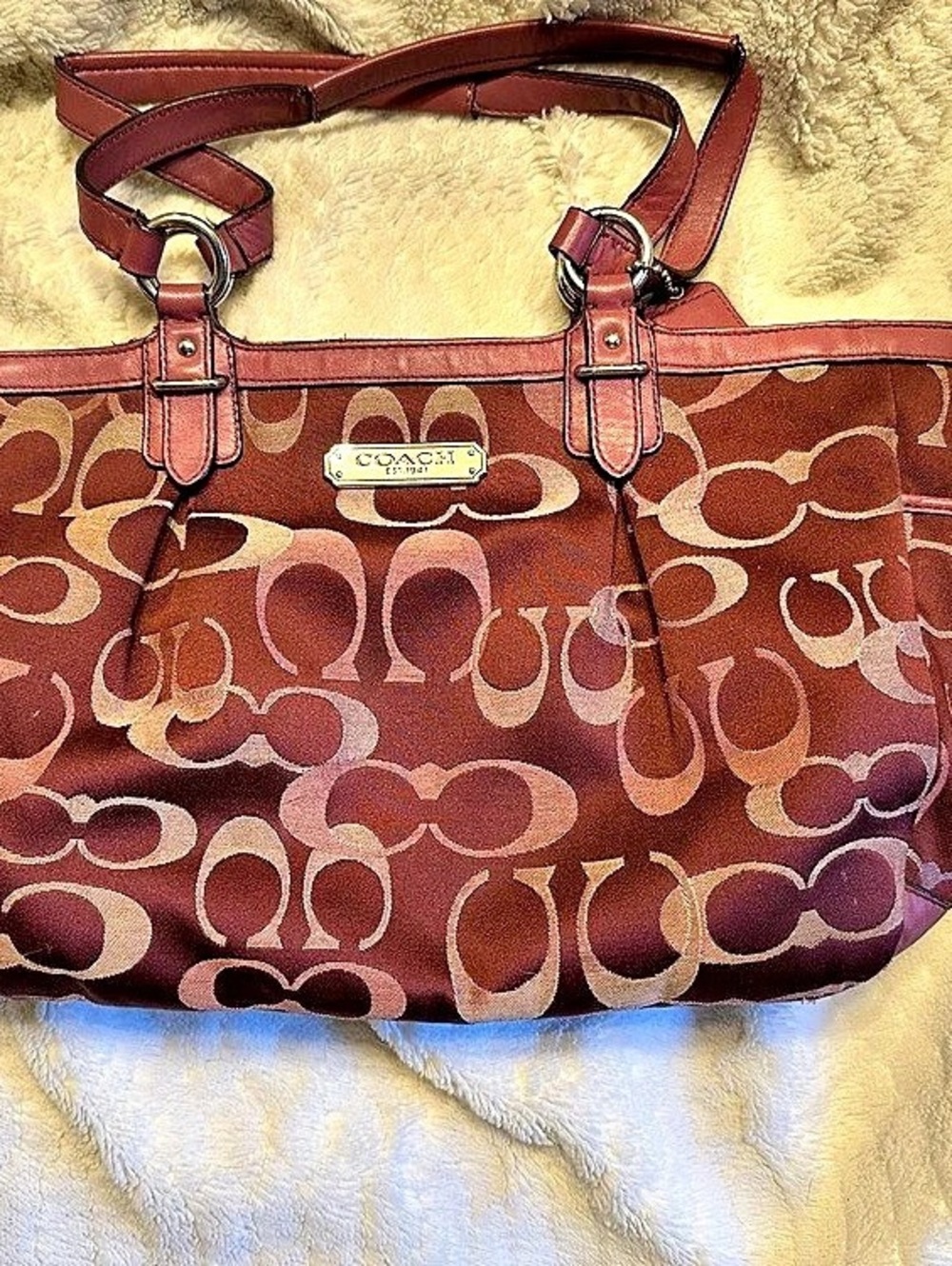 Coach Burgundy & Brown Geometric Tote Bag